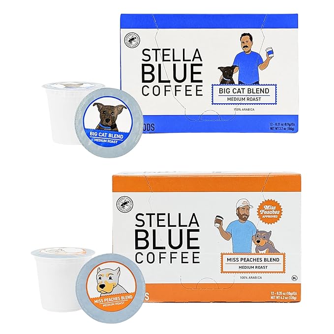Stella Blue Coffee Pods Variety Pack Big Cat and Miss Peaches Blend Medium Roast With Caramel Citrus And Fruity Notes 100% Arabica Beans Sourced From Central And South America 24 Recyclable K Cup
