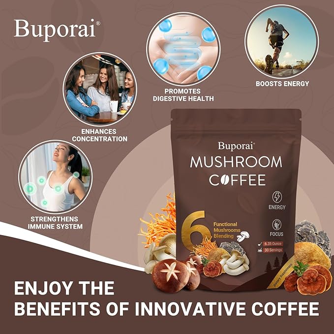 Mushroom Coffee Instant Mushroom Coffee with 6 Mushrooms Lion’s Mane Cordyceps Turkey Tail &amp Other for Energy Focus Digestion Immunity 30 Servings (2 Pack)