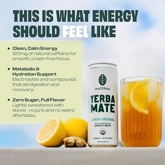 Mateina Yerba Mate Zero Sugar Energy Drink – 120mg Natural Caffeine – Organic Non-GMO Non-Carbonated – Dr. Andrew Huberman Recommended – (12 fl oz Cans 12 Pack) Lemon Original