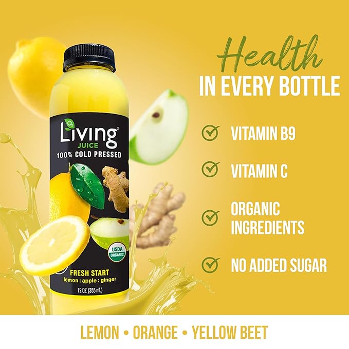 O2 Living Juice Cold Pressed Drink - Fresh Start Organic Juice Pack - No Added Sugars or Water Naturally Sweetened from Fruits Rich in Nutrients &amp Vitamins - Refreshing &amp Non-GMO - 12 fl oz