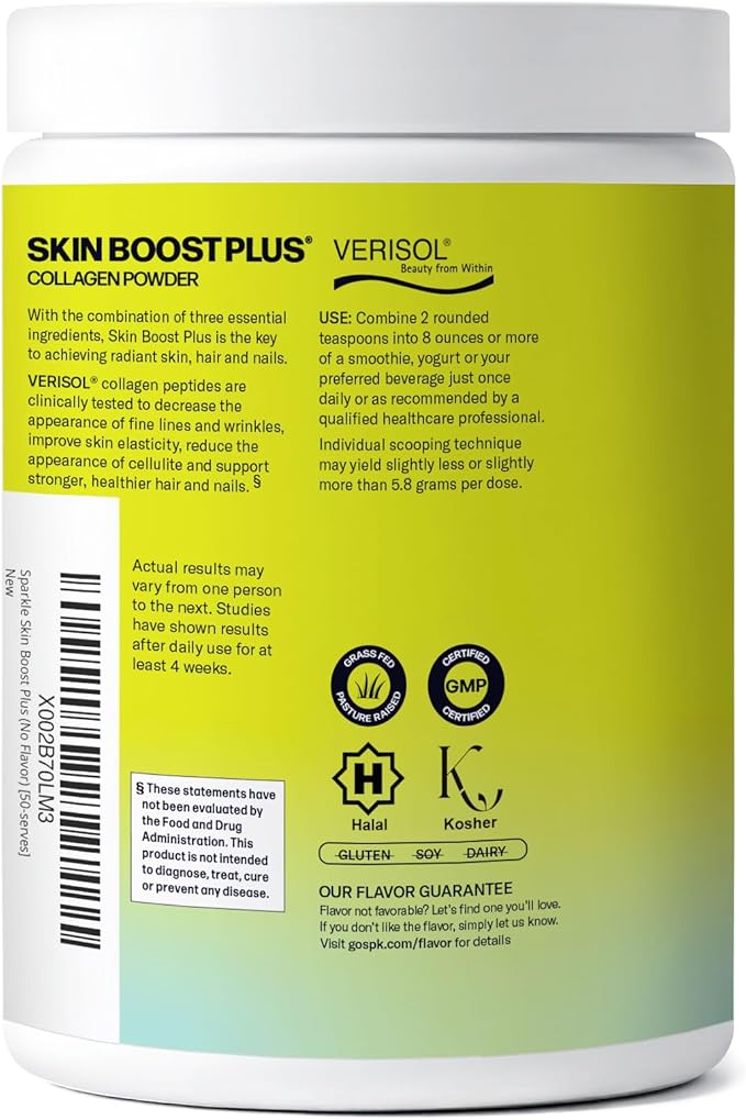 Sparkle Wellness VERISOL Bioactive Hydrolyzed Collagen Peptides | Collagen Powder Supplement with Vitamin C &amp Hyaluronic Acid for Hair Skin and Nail Health | Skin Boost Plus (No Flavor) [50-Serv