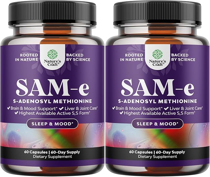 Sam-E 200mg Mood Support Supplement - S-Adenosyl Methionine Sam-E Supplement for Natural Relaxing Mood Boost Brain Support and Liver Detox Cleanse - Vegan Non-GMO and Gluten Free - 60 Count - 2 Pack