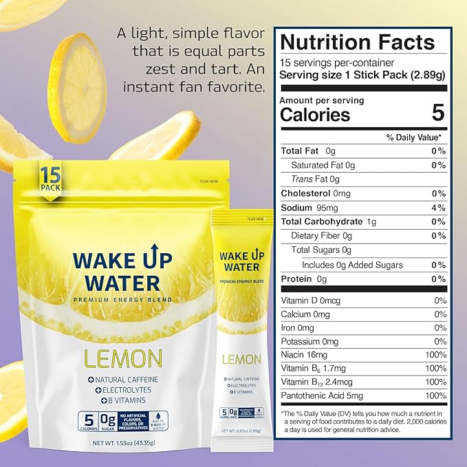 Wake Up Water Energy Drink Mix Sugar Free Clean Energy Powder with Electrolytes &amp B Vitamins Natural Caffeine for Focus &amp Hydration (15 Pack) - Lemon