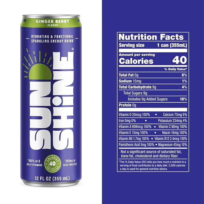 Sunshine Sparkling Energy Drink Ginger Berry with Daily Essential Vitamins 360mg of Electrolytes 70mg of Natural Caffeine 12 Fl Oz (Pack of 24)