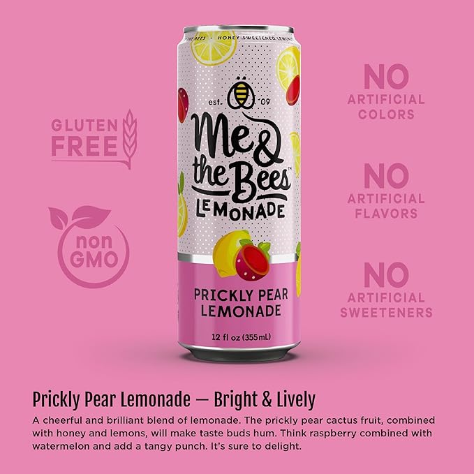 Me &amp the Bees Prickly Pear Lemonade All-Natural Flavors Drink No-Artificial Colors Perfect for Any Occasion (Pack of 12)