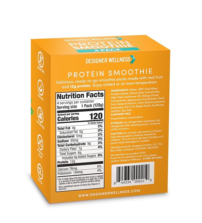 Designer Wellness Protein Smoothie Real Fruit 12g Protein Low Carb Zero Added Sugar Gluten-Free Non-GMO No Artificial Colors or Flavors Peach Mango 24 Count