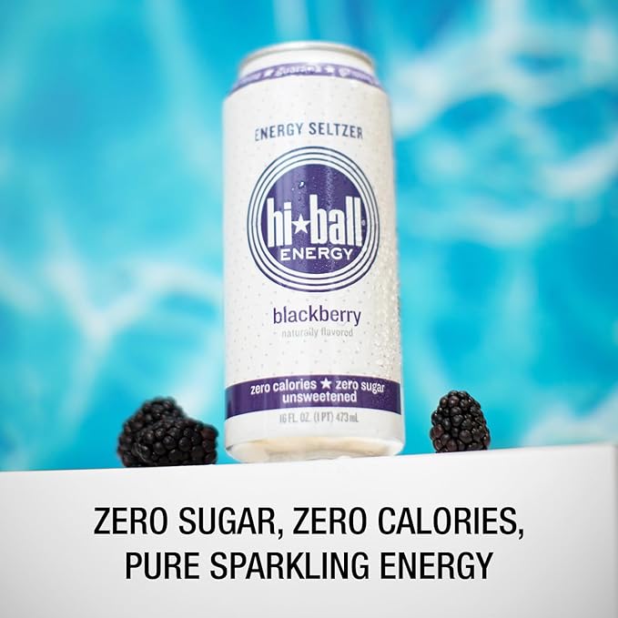 Hiball Clean Energy Drink - Blackberry - Zero Sugar Zero Calorie Sparkling Water with 160mg Organic Caffeine 50mg Organic Ginseng 50mg Organic Guarana and B Vitamins - 16 fl oz (8-Pack)