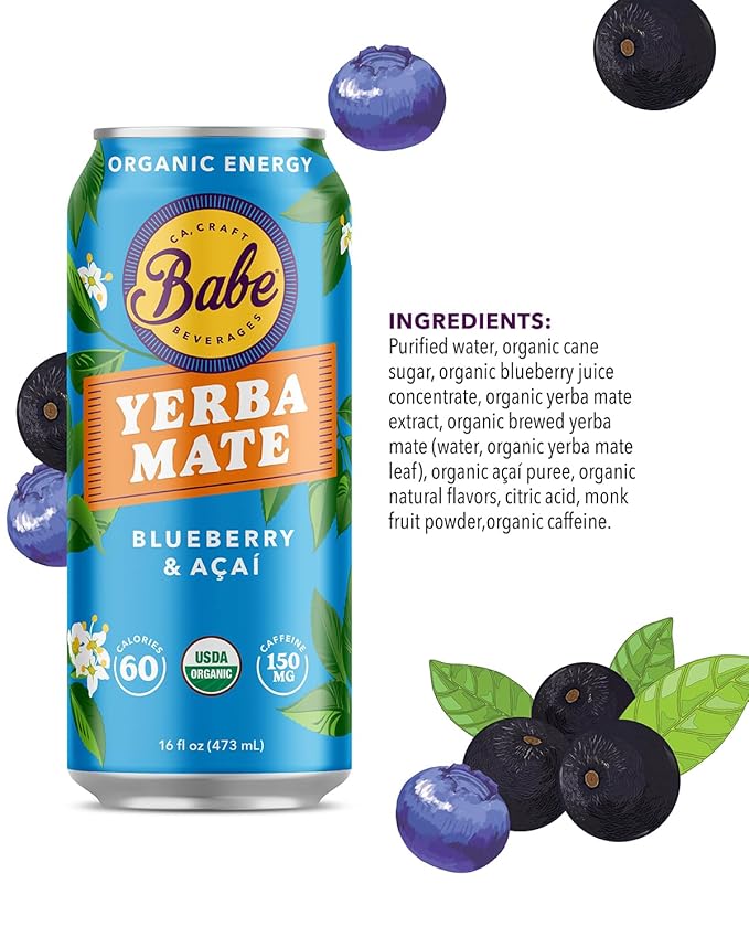 Babe Organic Yerba Mate Energy Drinks | 150mg Plant-Based Caffeine | Natural Yerba Mate Tea with No Crash No Jitters - Sample Pack (6 x 16oz Cans)