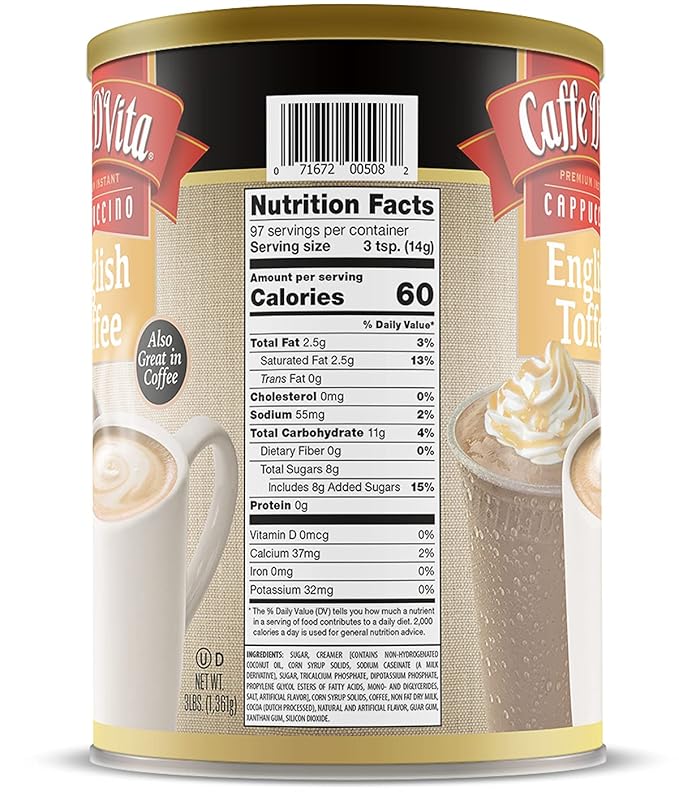 Caffe D'Vita English Toffee Cappuccino Mix - Instant Cappuccino Mix Gluten Free No Cholesterol No Hydrogenated Oils No Trans Fat 99% Caffeine Free Flavored Instant Coffee - 3 Lb Can