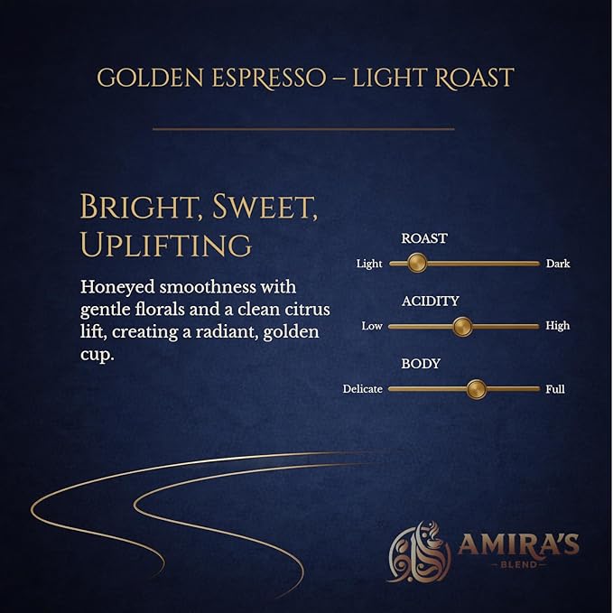 Amira’s Golden Espresso – Light Roast Sweet Espresso Blend Specialty Grade Freshly Roasted Always – Espresso Reimagined (12oz Drip Ground)