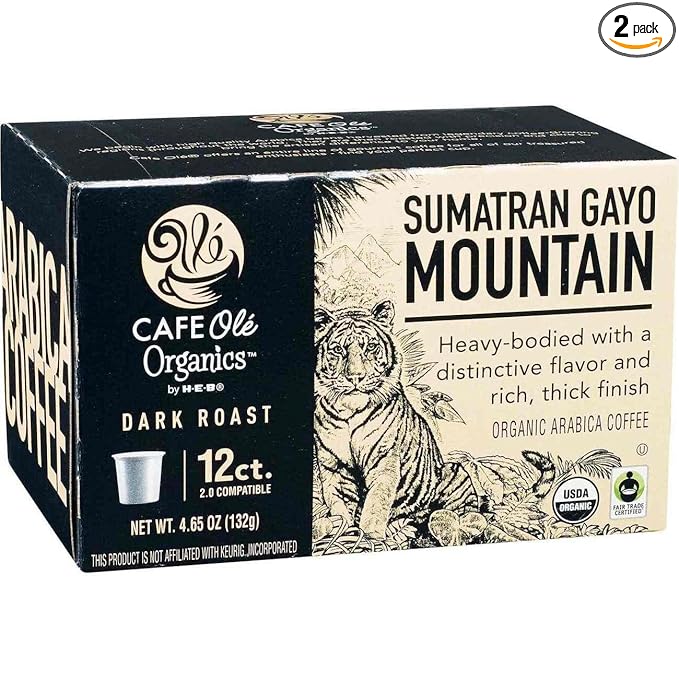 CAFE Olé Organics by H‑E‑B Dark Roast Sumatran Gayo Mountain Coffee Single Serve Cups 2Pack