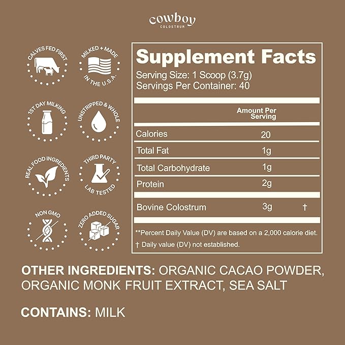 Cowboy - The Exclusive 1st Milking Whole Grass Fed Colostrum Supplement for Full Body Health - Bovine Colostrum Powder Packed w/Bioactive Nutrients - Sugar Free (Chocolate 40 Servings)