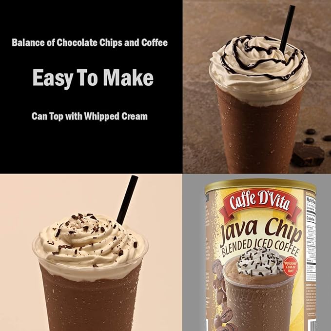 Caffe D'Vita Java Chip Latte Blended Ice Coffee - Java Chip Frappe Mix Blended Iced Coffee Mix Gluten Free Low Fat No Cholesterol No Hydrogenated Oils No Trans Fat Kosher-Dairy - 3 Lb Can