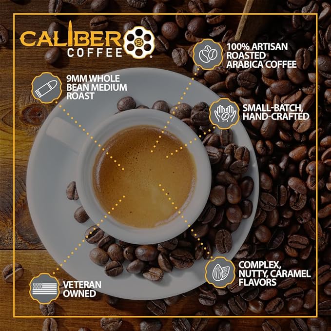 Caliber Coffee 9MM Ground Medium Roast – Complex Nutty Caramel Flavors – 100% Artisan Roasted Arabica Coffee – Small-Batch Hand-Crafted – Veteran Owned – 12oz Bag