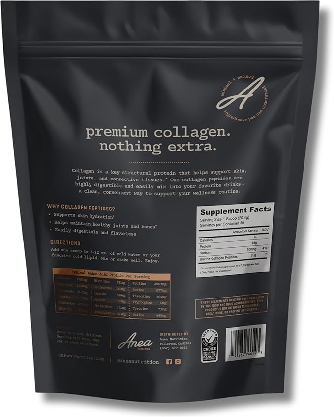 Anea Collagen Peptides - Unflavored | 18g Protein | Supports Skin Hair Nails &amp Joints | Highly Bioavailable | Mixes Easily in Hot or Cold Drinks | Made in GMP Facility