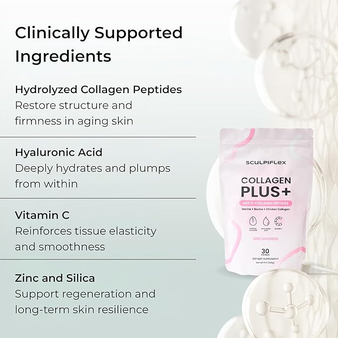 Sculpiflex Hydrolyzed Collagen Peptides Powder Marine Bovine and Chicken Unflavored Multi Collagen Complex for Women Firms Skin and Boosts Elasticity Hydrating with Hyaluronic Acid (30 Servings)