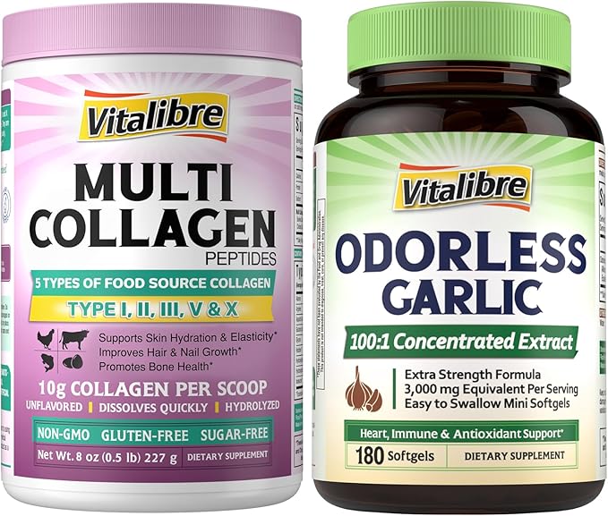 Odorless Garlic Extra Strength 100:1 Extract Heart &amp Immunity Antioxidant Defense 180 Softgels and Multi Collagen Peptides Powder Type I II III V X 8oz