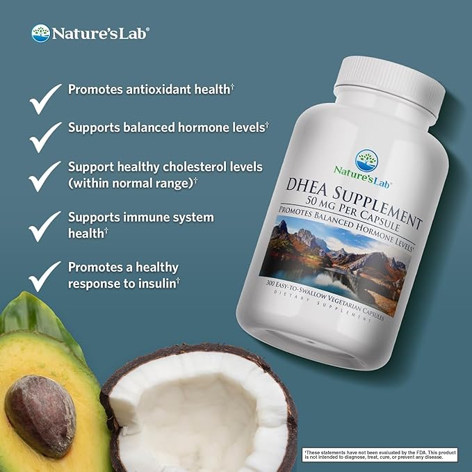 Nature's Lab DHEA 50mg Supplement - Promotes Balanced Hormone Levels Healthy Energy and Increased Mental Clarity* - 300 Capsules (10 Month Supply)