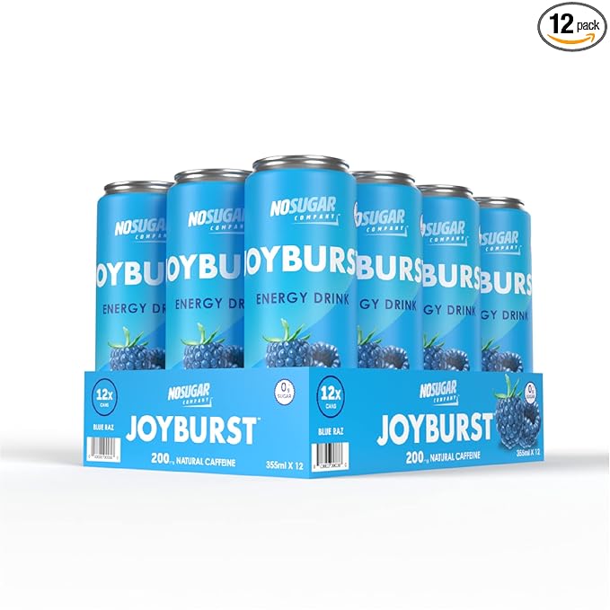 No Sugar Joyburst Energy Drink 0 Calorie 0 Sugar Sugar Free Energy Drink with Natural Caffeine Hint of Sweetness and Refreshing Sparkling Water - 12 Packs (Blue Raz)