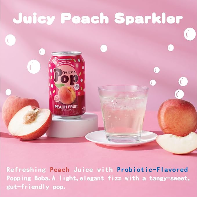 NÜLIFE Fizz &amp Pop Sparkling Popping Boba Drink Peach Carbonated Drink with Yogurt Style Bursting Pearls Sparkling Juice in Can Caffeine-Free Authentic Taiwan Sparkling Boba Fruit Juice 11.2 F