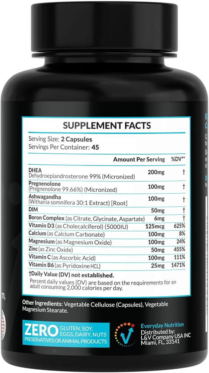 DHEA Micronized 200mg Complex with Pregnenolone 100mg Supplement for Men &amp Women with Ashwagandha DIM Magnesium Boron Calcium  Zinc Vitamin D3 C and B6 Hormone Support - Made in USA 90 Caps