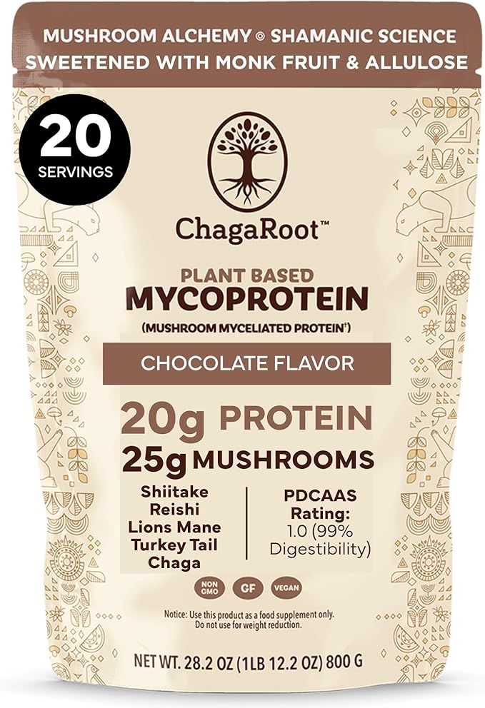 Mycoprotein Mushroom Protein Powder Chocolate Flavor 20g Plant Based Protein per Serving Reishi Chaga Lions Mane Shiitake Turkey Tail Vegan Gluten Free Coffee Smoothies 1.76 lb