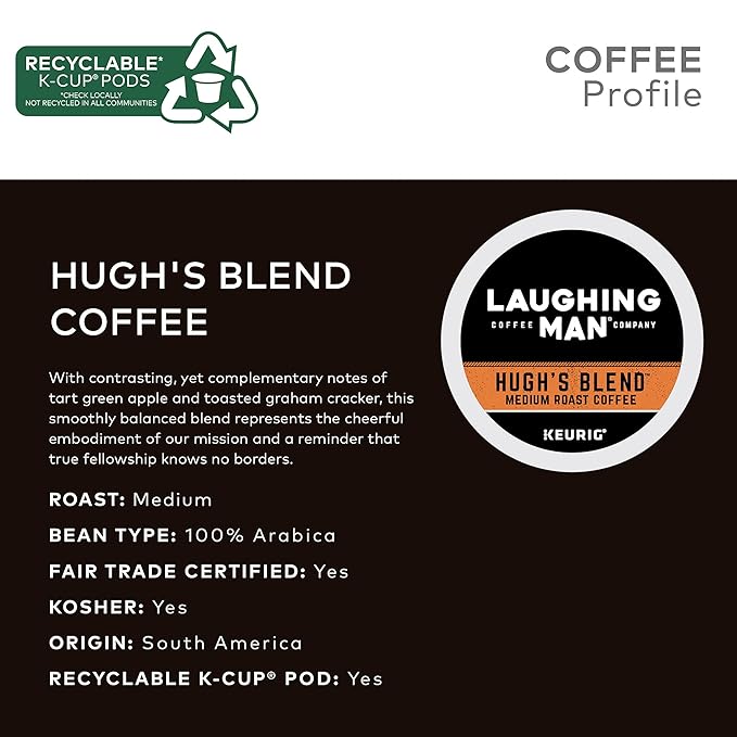 Laughing Man Hugh's Blend Keurig Single-Serve K-Cup Pods Medium Roast Coffee 60 Count (6 Packs of 10)