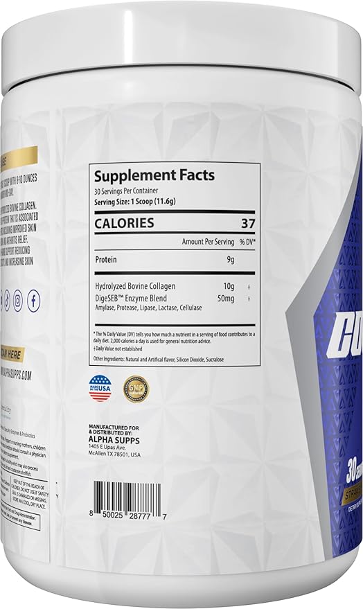 Alpha Supps Premium Hydrolyzed Collagen Protein Powder - Collagen Peptides Supplement for Men &amp Women with Digestive Enzymes - 30 Servings (Strawberry Lime)