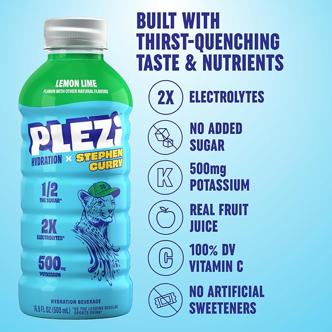PLEZi Lemon Lime Hydration Drink x Stephen Curry - Sports Drinks with 2X Electrolytes - 500mg Potassium Low Sugar No Added Sugar - For Kids &amp Adults - 16.9 Fl Oz (12 Pack)