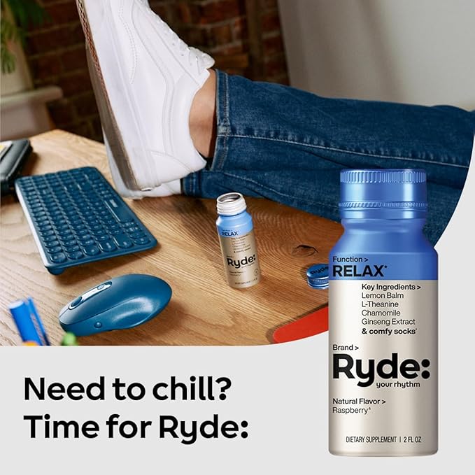 Ryde: Relax Shot | Raspberry Flavor | Lemon Balm L-Theanine Ginseng &amp Chamomile | 0 Calories 0 Sugar | 2 FL OZ Shots | Helps You Relax* (8 Pack)