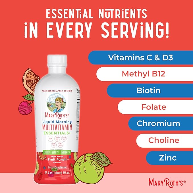 MaryRuth Organics Liquid Morning Multivitamin Essentials+ | Vitamin A C D E B6 B12 Biotin Zinc Mens Womens Multivitamin Immune Support Beauty | Sugar Free | Vitamins for Ages 1+ | Vegan | 32 Fl Oz