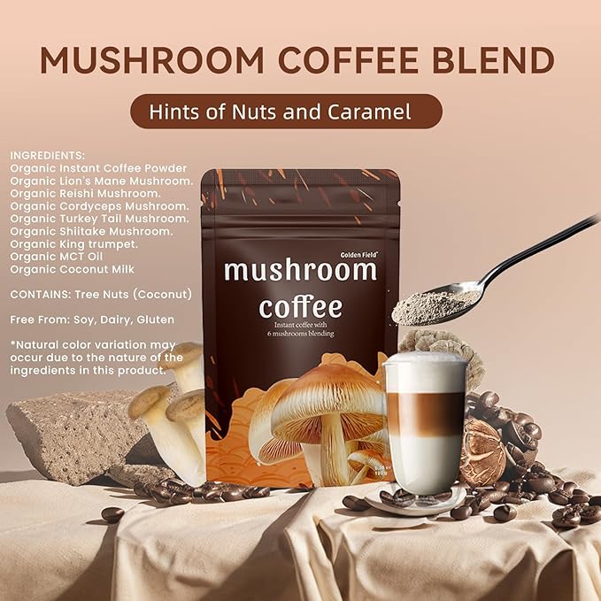 Mushroom Coffee 6 Adaptogenic Mushrooms USDA Organic Instant Coffee MCT Oil USA Grown Better Energy Focus Digestion Immunity Cordyceps Lion’s Mane Turkey Tail 30 servings (6.35 Oz / 180g)