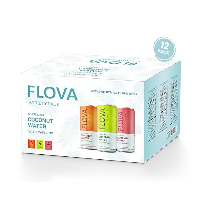 Flova Energy Drink All Natural Electrolytes and Minerals from Coconut Water 4 Simple Easy to Pronounce Ingredients 99% Juice Assorted Pack of 12 Cans