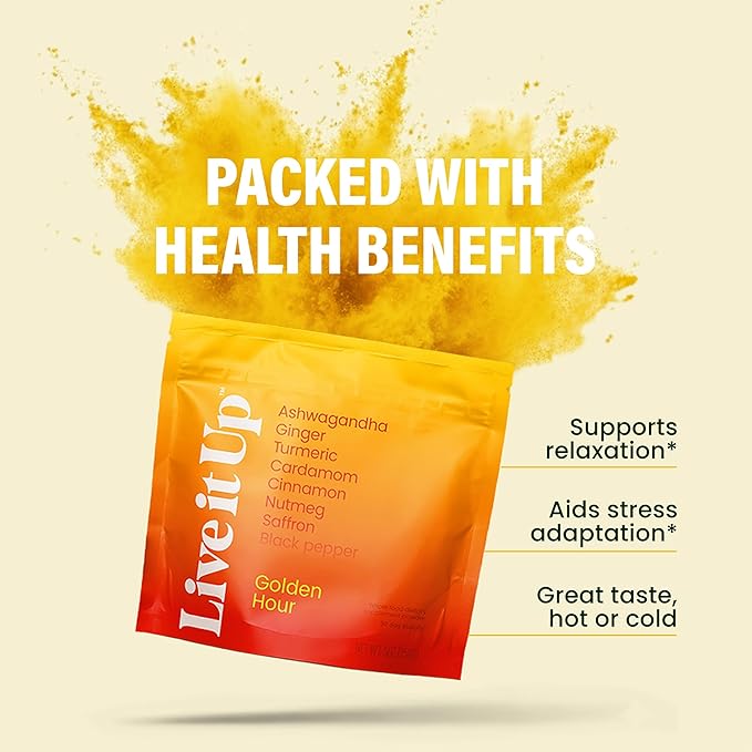 LIVE IT UP | Golden Hour: Relaxing Golden Milk Latte Powder with Ashwagandha Ginger Turmeric and Coconut | Supports Stress Relief and Sleep | Gluten-Free No GMOs Dairy-Free and Plant-Based