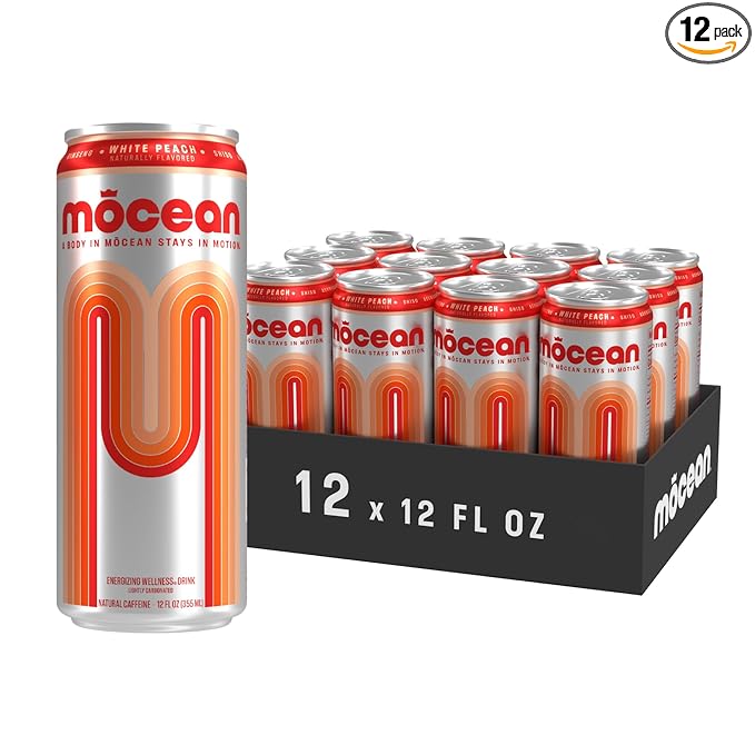 MŌCEAN White Peach Energy Drink 12 fl oz (Pack of 12) Clean Adult Energy Drink with 130mg Caffeine Adaptogens &amp Minerals No Taurine No Sucralose No Candy Flavors
