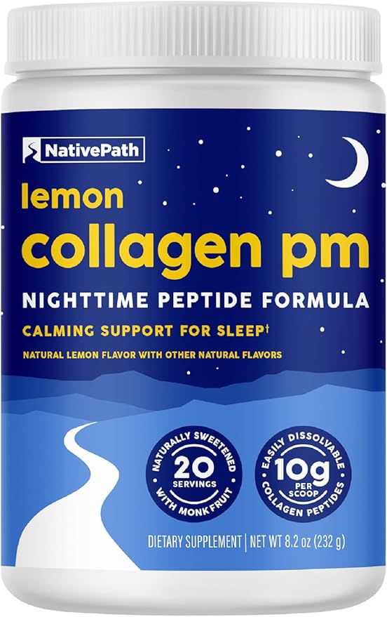 NativePath Collagen PM Sleep Powder Lemon - Melatonin Magnesium GABA &amp L-Theanine with 10g Grass-Fed Collagen - 20 Servings Nighttime Recovery Drink