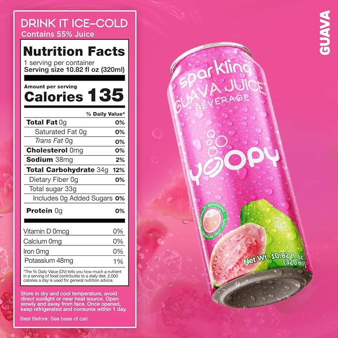 Yoopy Sparkling Guava Juice – 12-Pack (10.82 fl oz Cans) – Naturally Sweet No Added Sugar – Fruity Refreshing &amp Carbonated – Made with 55% Real Guava Juice