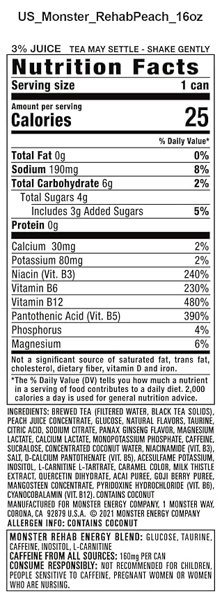 Monster Rehab Peach Tea + Energy Energy Drink 15.5 Ounce | Energy Iced Tea Pack of 15