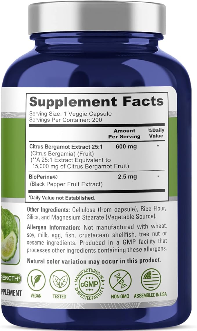 NusaPure Citrus Bergamot Capsules 15000mg 200 Capsules - 25:1 Bergamot Extract - 200 Servings Bioperine Vegan Non-GMO