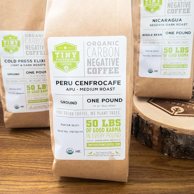 Tiny Footprint Coffee - Fair Trade Organic Peru APU Medium Roast - Whole Bean Coffee USDA Organic &amp Carbon Negative - You Drink Coffee We Plant Trees 16 Ounce9849109 (Pack of 2)