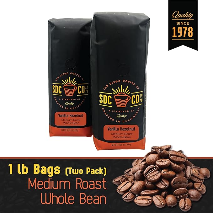 San Diego Coffee Vanilla Hazelnut Medium Roast Whole Bean Coffee 16-Ounce Bags (Pack of 2) Café en grano tostado