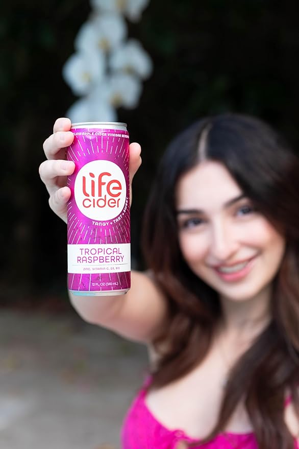 Life Cider | 12 Pack (12 Fl Oz) | Tropical Raspberry | Sparkling Apple Cider Vinegar Beverage | Digestive Health &amp Immunity Benefits | Low Calorie &amp Low Carb Drinks | Vitamins C D3 Zinc B12