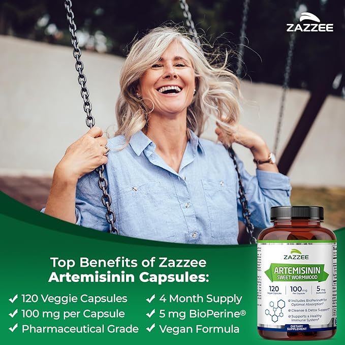Zazzee High Absorption Artemisinin 100 mg per Capsule 120 Vegan Capsules with 5 mg BioPerine for Maximum Absorption Sweet Wormwood Extract 4 Month Supply All-Natural and Non-GMO