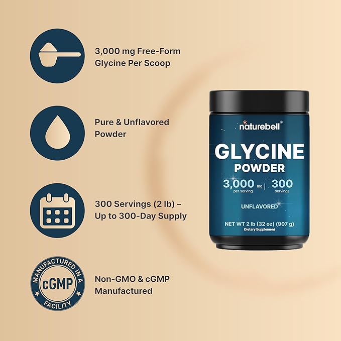 Glycine Powder 300 Servings (2 lb) – 3000 mg Free-Form Glycine Per Serving – Unflavored Pure Powder – Non-GMO cGMP Manufactured