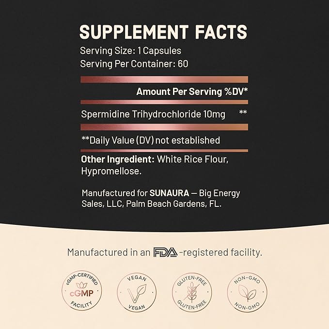 SUNAURA Spermidine Supplement 10 mg (Spermidine 3HCl) – High Potency Autophagy &amp Cellular Renewal Support – Longevity Energy &amp Focus – Non-GMO Gluten-Free 60 Capsules