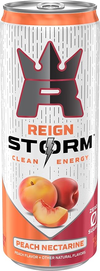 REIGN Storm Peach Nectarine Fitness &amp Wellness Energy Drink 12 Fl Oz | Pack of 12