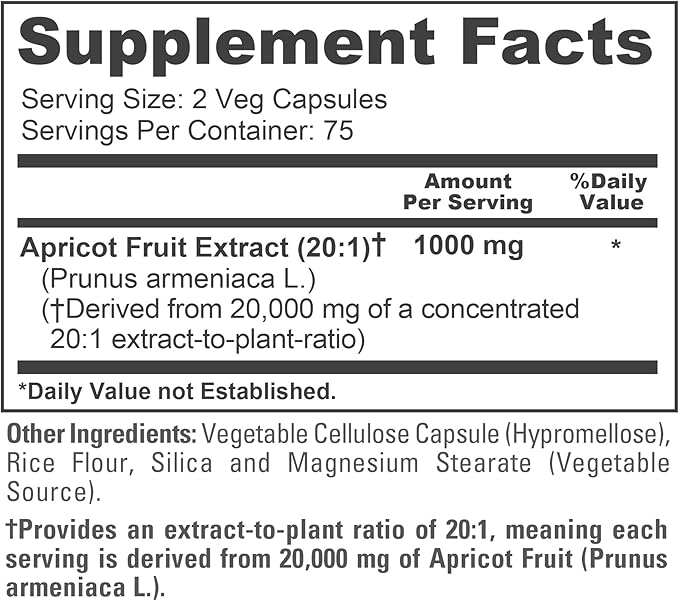 NusaPure Apricot 20:1 Extract 1000 mg Equivalent to 20000mg 150 Veggie Capsules (Vegan Non-GMO)