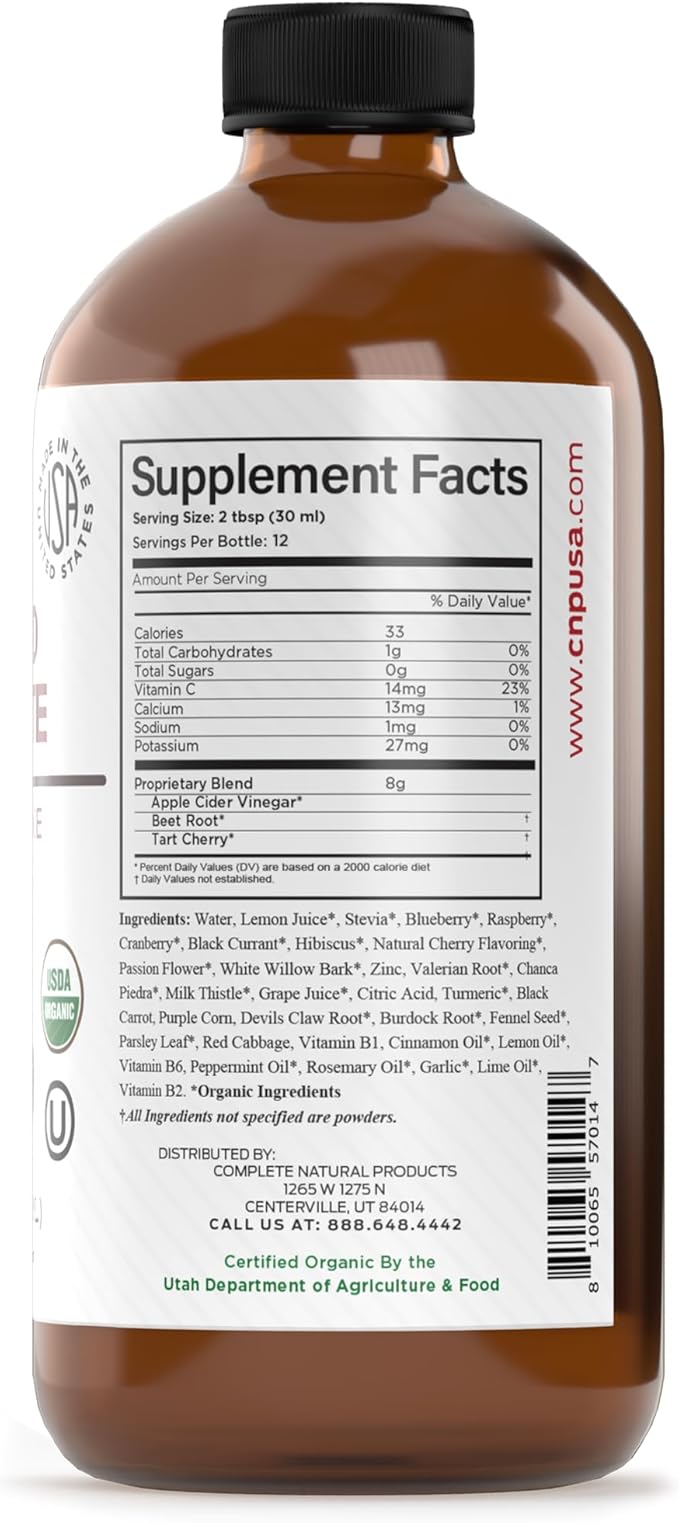 Complete Natural Uric Acid Complete - Liquid Supplement to Support Uric Acid Cleanse Kidney Health &amp Blood Circulation with Apple Cider Vinegar Tart Cherry Beet Root Lemon Cinnamon - 12oz
