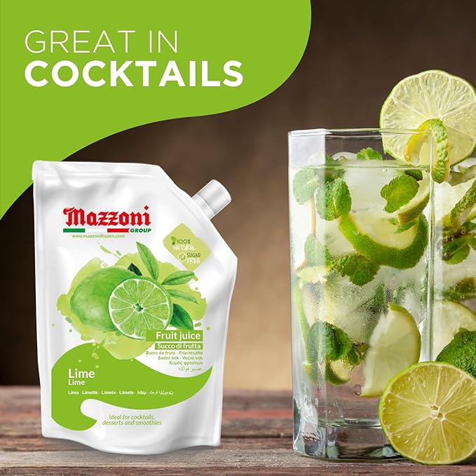Mazzoni Real Lime Juice 100% Pure Just Lime Juice Not from Concentrate No Added Sugar or Ingredients 2.2 lbs (35.2 oz) Mixer for Cocktails Drinks Smoothies Convenient Pouch Made in Italy