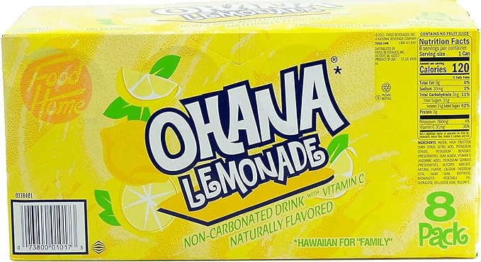 Ohana! lemonade non-carbonated drink caffeine free 12-fluid ounce cans 8-pack in box (1)